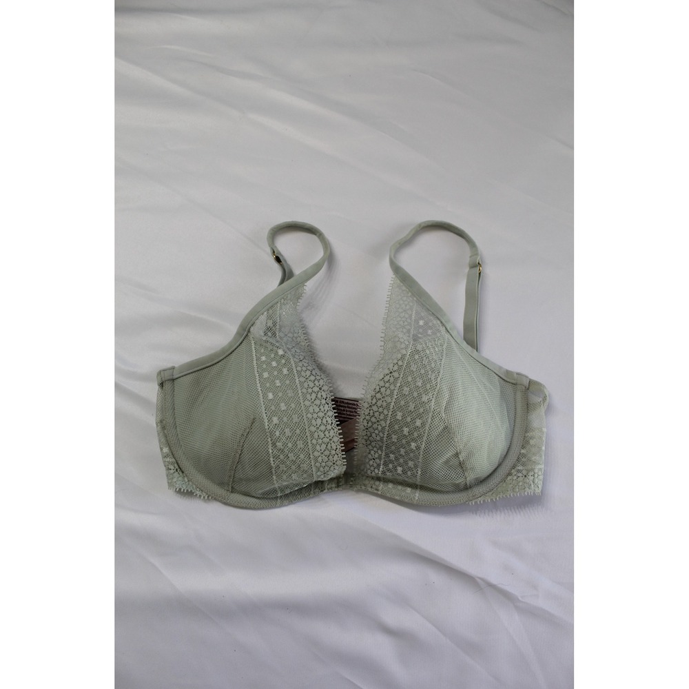 Victorias Secret Incredible Plunge Bra Sage Green Lace Underwire 32D‎
